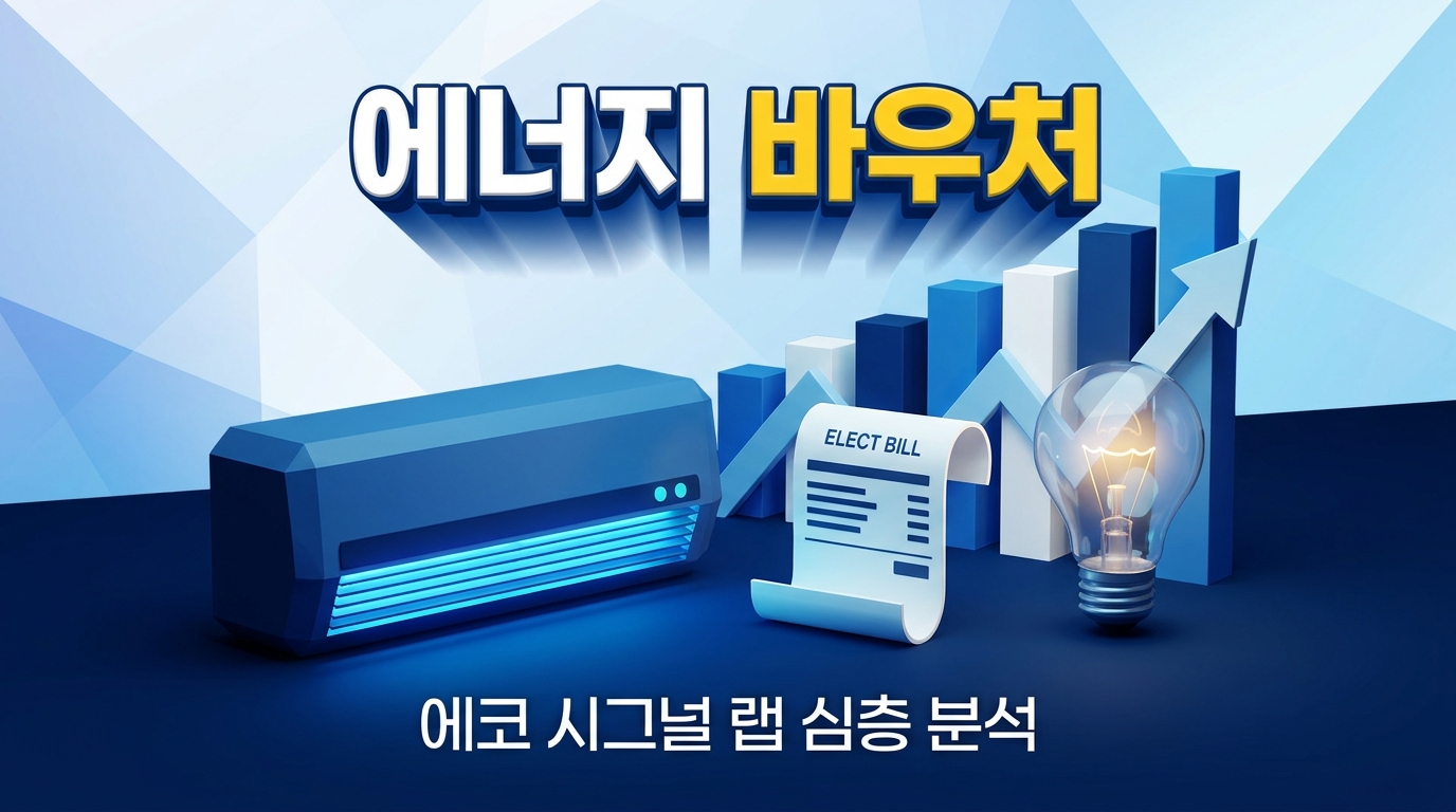 2026년 하절기 에너지 바우처 혜택과 시원한 에어컨 바람이 불어오는 거실을 표현한 현대적인 3D 일러스트입니다.