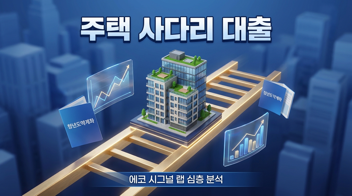 청년도약계좌 만기금과 연계된 주거 사다리 대출 혜택을 상징하는 사다리와 주택 모형이 포함된 신뢰감 있는 비즈니스 일러스트.