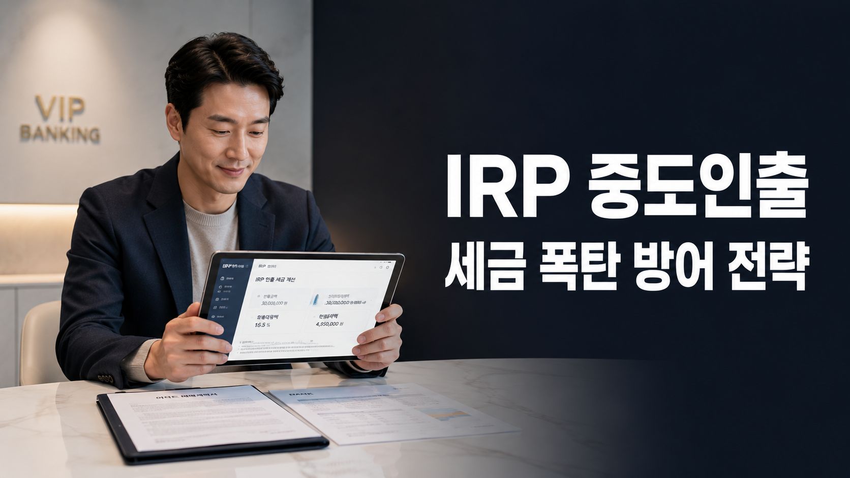 무주택자가 아파트 매매 계약서를 작성한 후 은행 창구에서 16.5% 세금 방어를 위해 IRP 중도인출 주택구입 서류를 확인하는 모습