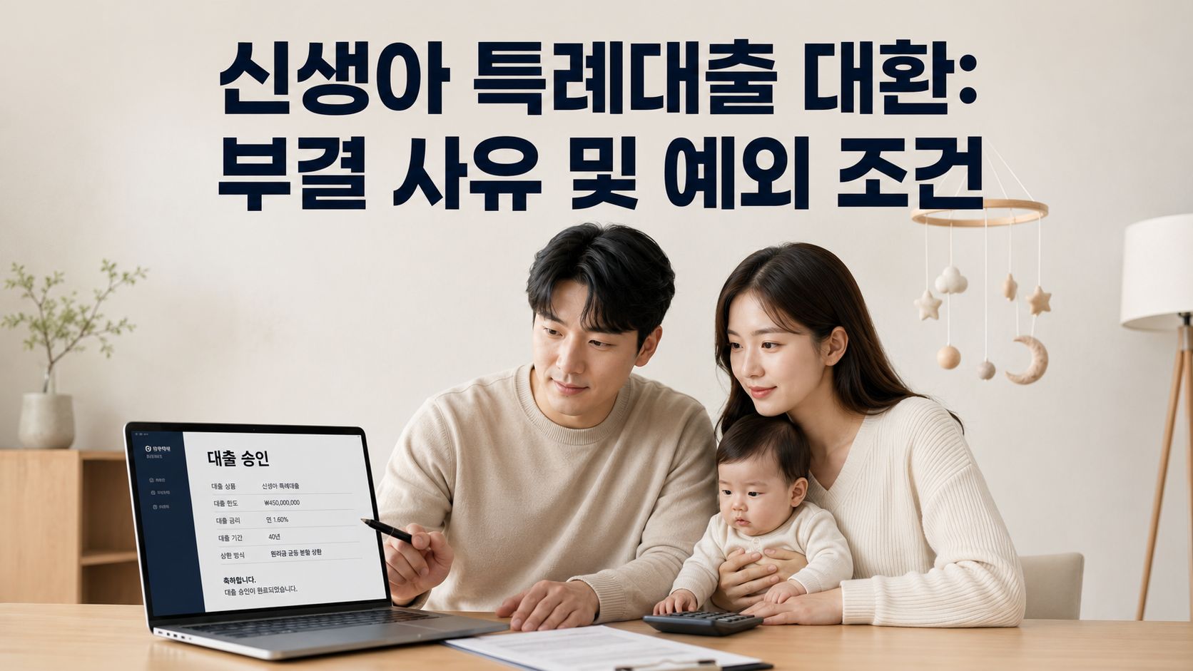 1주택 부부가 1주택자 신생아 특례대출 대환을 받기 위해 은행 창구에서 자산 평가액 기준과 기존 대출 잔액을 대조하고 있는 서류 심사 모습