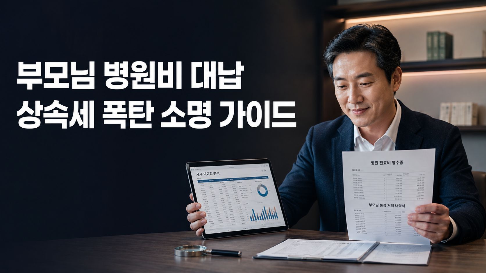 상속세 세무조사에 대비하여 부모님 요양병원 결제 영수증과 간병비 현금 지급 내역을 스마트폰으로 스캔하여 증빙 자료를 보관하는 모습