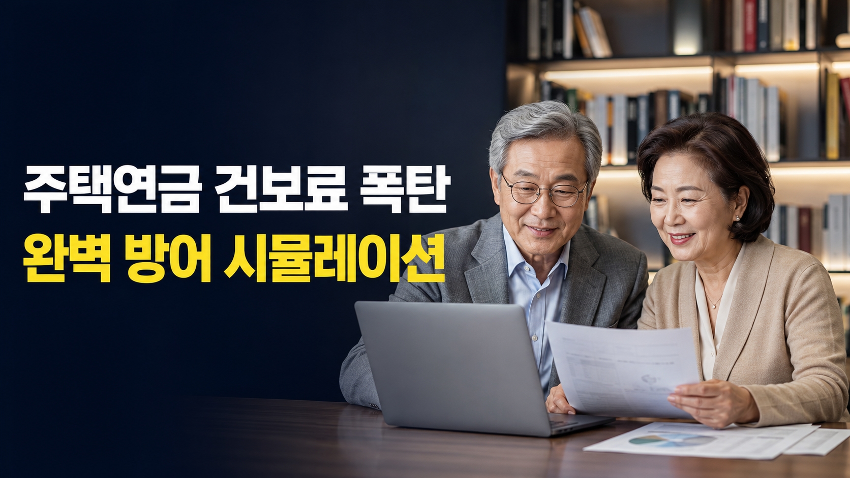 은퇴 부부가 노트북을 통해 국민건강보험공단 사이트에서 주택연금 건강보험료 피부양자 탈락 방어를 위한 재산과세표준액을 시뮬레이션하고 있는 화면