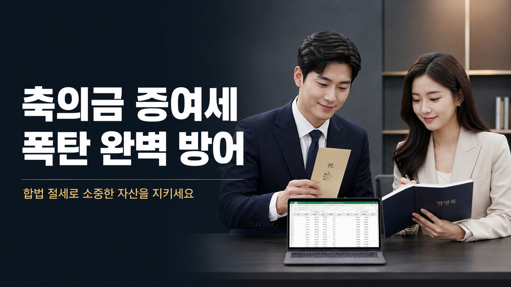 국세청 세무조사를 대비하여 '자녀 결혼 축의금 증여세 방어'를 위한 하객 명부와 엑셀 증빙 서류를 준비하는 예비 부부의 모습